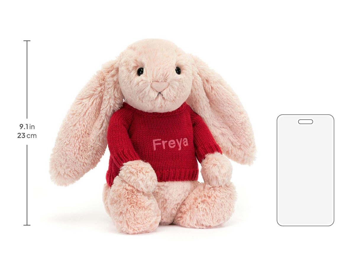 Bashful Blush Bunny with Personalized Red Jumper, size chart