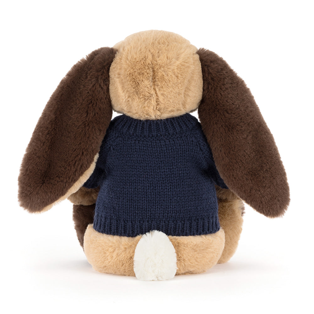 Bashful Patchwork Brown Bunny with Personalised Navy Jumper, View 3