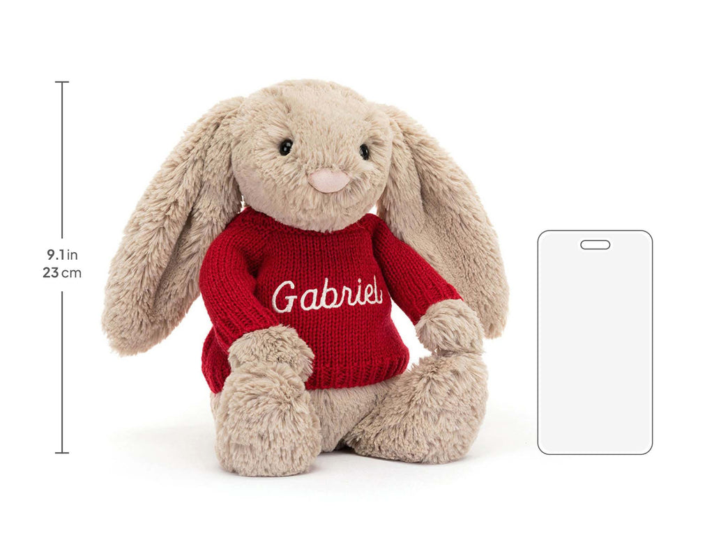 Bashful Beige Bunny with Personalized Red Jumper, size chart